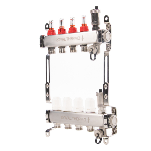 Коллектор Royal Thermo нерж. в сборе с расходомерами 1" ВР-3/4" НР с автомат. воздухоотвод-ми 4 вых.