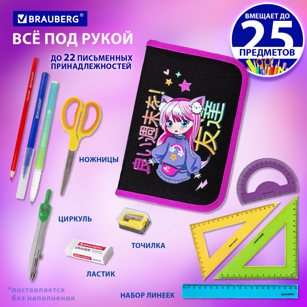 Пенал BRAUBERG 1 отделение 1 откидная планка полиэстер 21х14 см "Anime girl" (2 штуки в упаковке)
