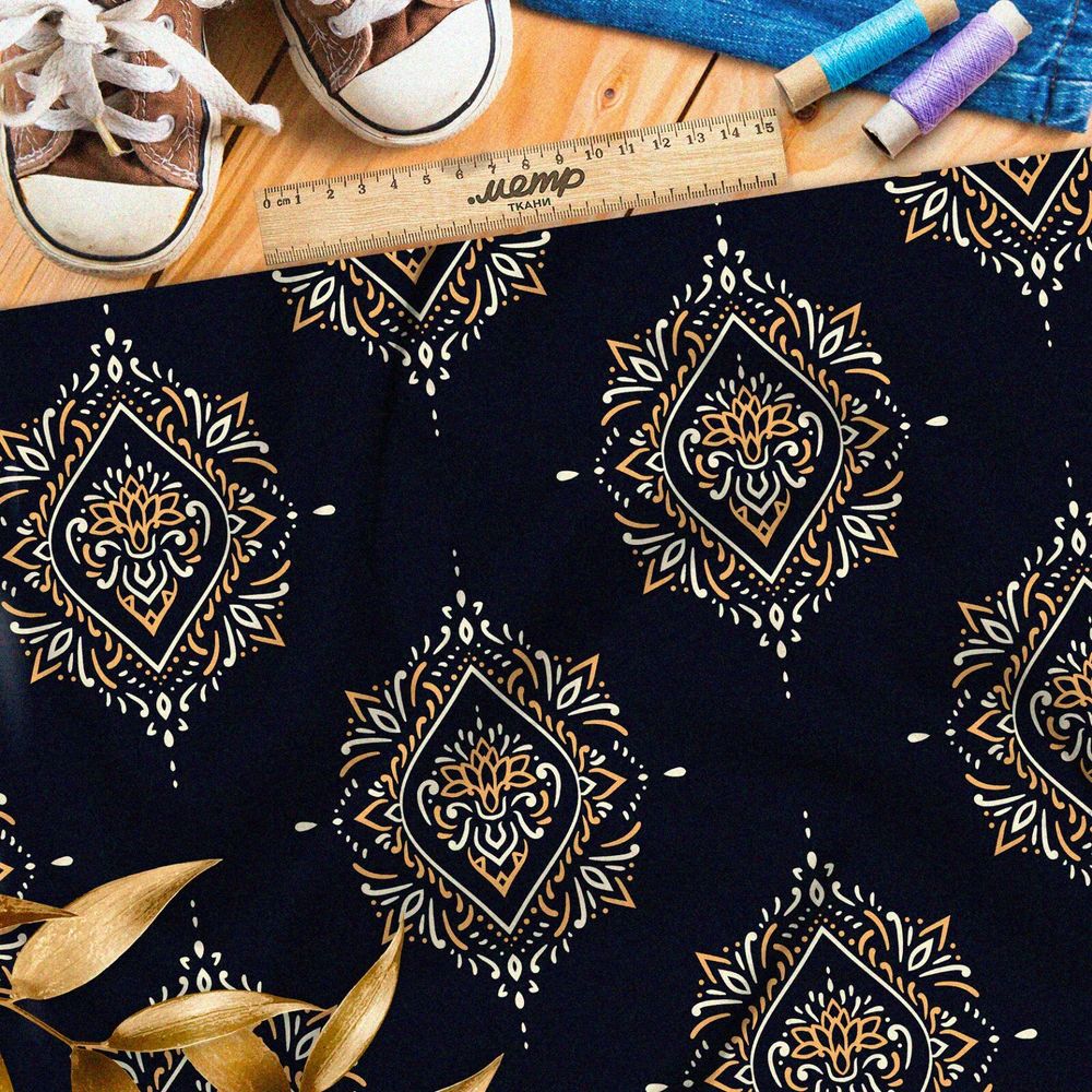 Ткань мембрана симметричная медно-железная роспись на чёрном фоне