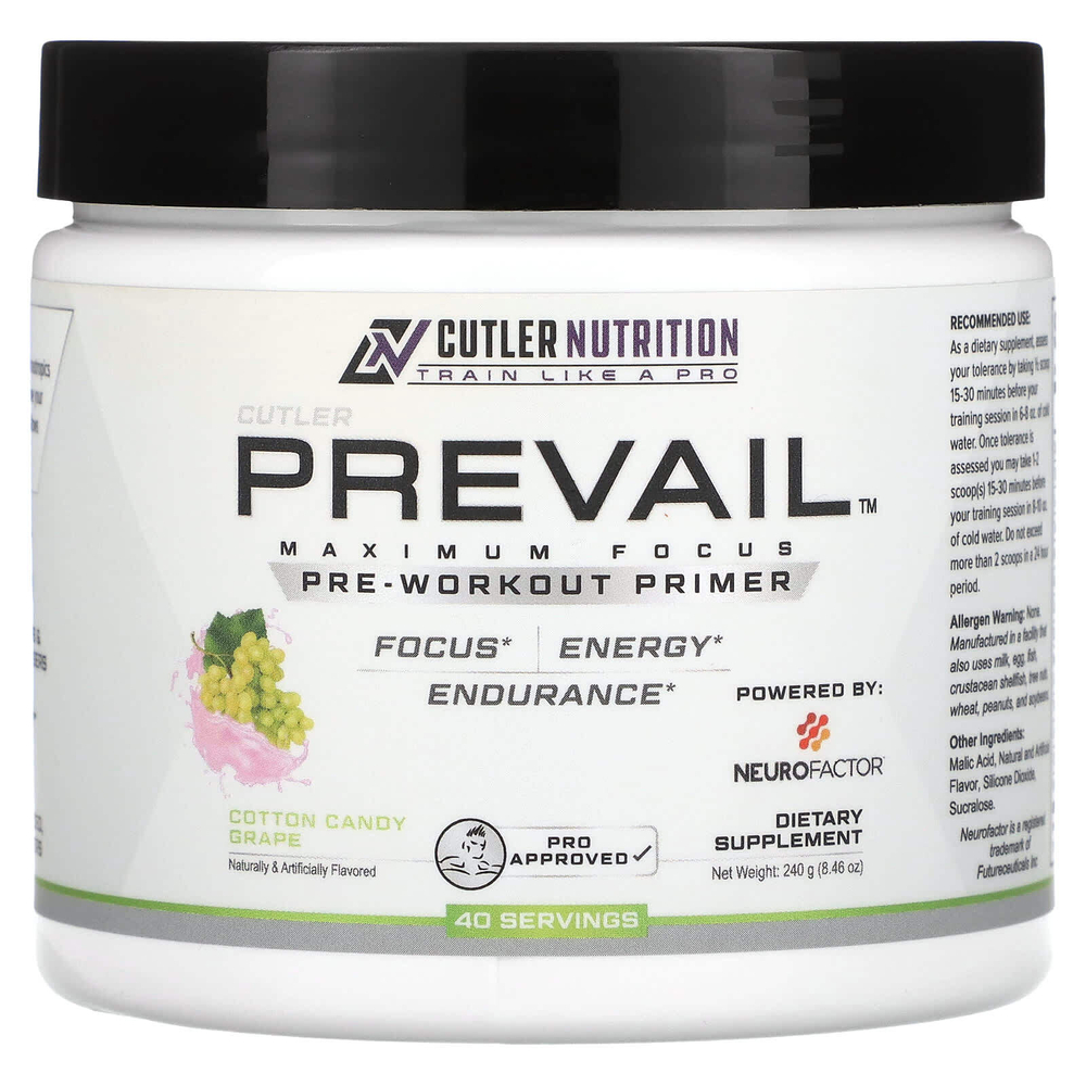 Cutler Nutrition, Prevail, предтренировочный комплекс, сладкая вата и виноград, 240 г (8,46 унции)