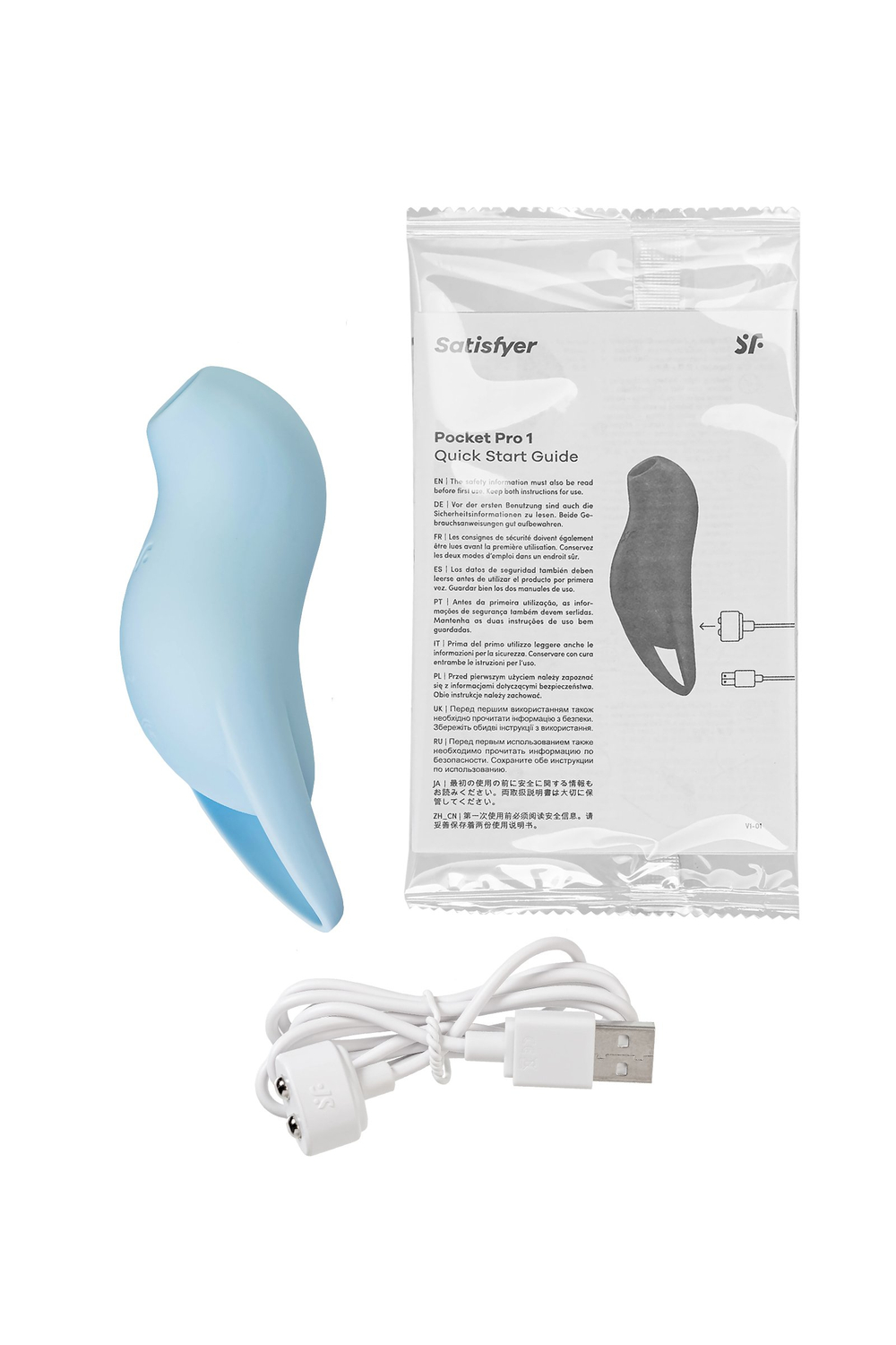 Вакуум-волновой стимулятор клитора с вибрацией Satisfyer Pocket Pro 1, силикон, голубой, 13,9 см