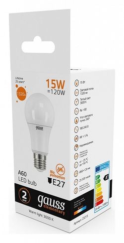 Лампа светодиодная Gauss Led Elementary A60 E27 15Вт 3000K 23215