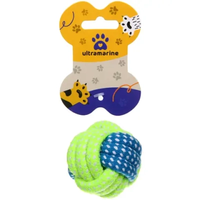 Игрушка - мячик для собак средних и мелких пород «КАНАТНЫЙ ИГРУЛИК», желтый/синий, d-6см (лейбл)
