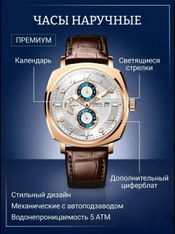 Часы наручные механические с автоподзаводом ПРЕМИУМ LOBINNI на кожаном ремешке, золотистый/коричневый W9670-01