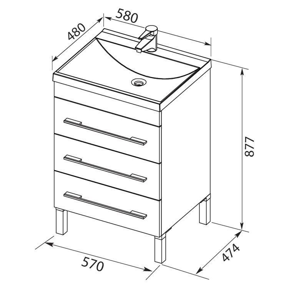 Тумба с раковиной Aquanet Верона NEW 58 белый (напольная 3 ящика)