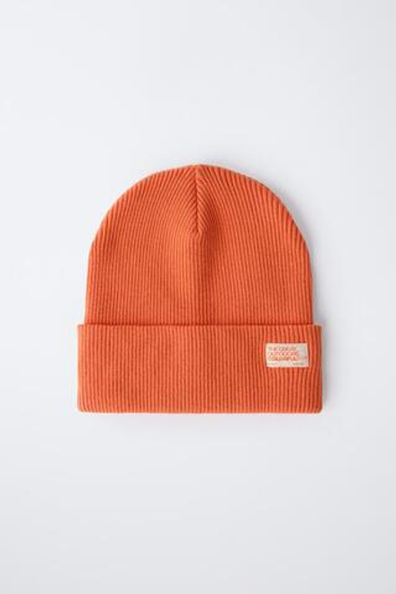 ZARA ТРИКОТАЖНАЯ ШАПКА В РУБЧИК С ЭТИКЕТКОЙ, ОРАНЖЕВЫЙ