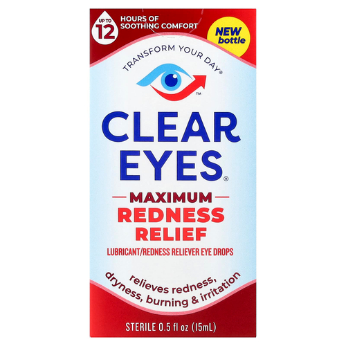 Clear Eyes, Максимальное снятие покраснения, Глазные капли лубриканта / снятия покраснения, 0,5 жидких унций (15 мл)