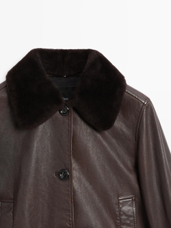 Massimo Dutti Куртка из кожи наппа с воротником из овчины, коричневый