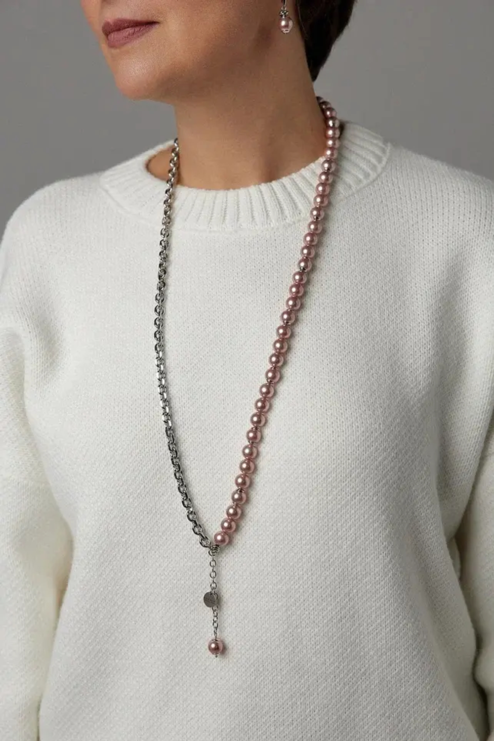Колье Твин 2 ряда розового жемчуга и цепь ролло, оттенок серебро