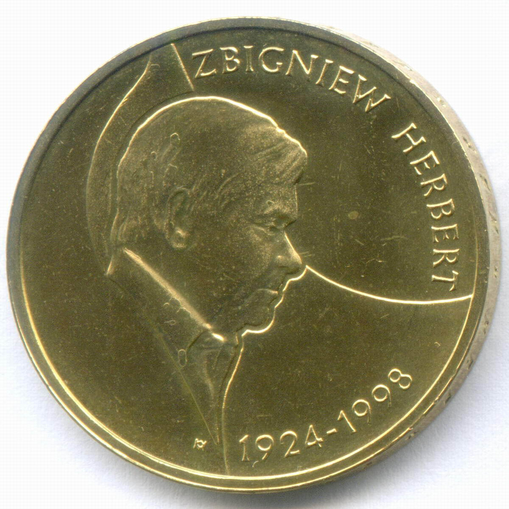 2 злотых 2008 год. Польша. 10 лет со дня смерти Збигнева Херберта. Латунь, диаметр 27 мм. AUNC