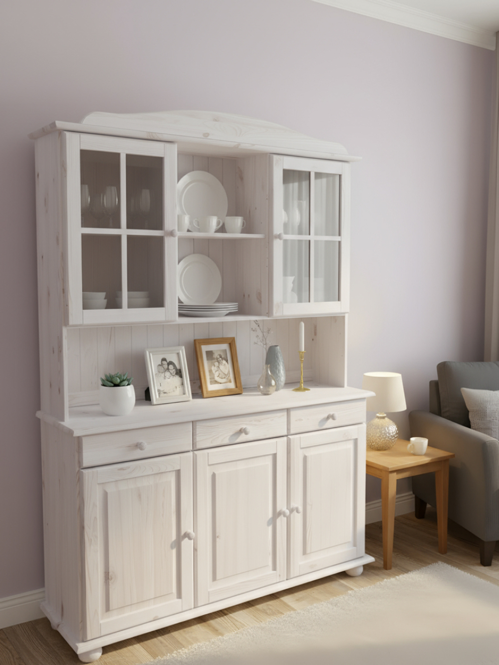 Шкаф Лена двухдверный из массива сосны, с 3 полками (верхняя часть буфета Лена), белый воск