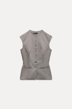 ZARA ТОП В КЛЕТКУ С ПУГОВИЦАМИ, БОРДОВЫЙ/ЭКРЮ