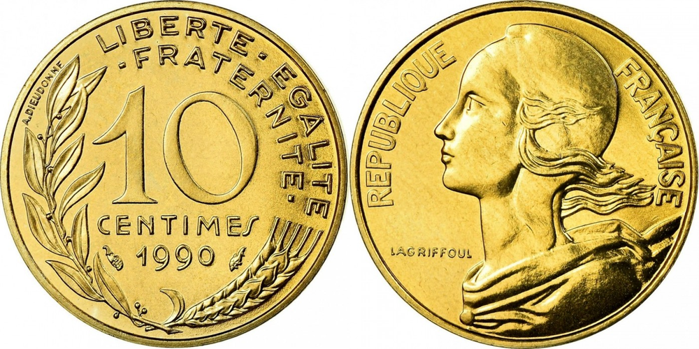 Франция 10 сантимов, 1962-2001 XF