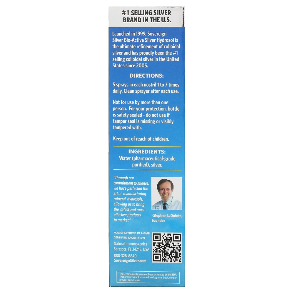 Sovereign Silver, Bio-Active Silver Hydrosol, натуральный назальный спрей, средство для облегчения заложенности носа, 59 мл (2 жидк. унции)