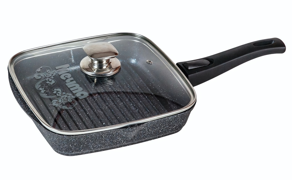 Сковорода алюминиевая антипригарная гриль 24 см АП ГРАНИТ, со стеклянной крышкой, съемная ручка