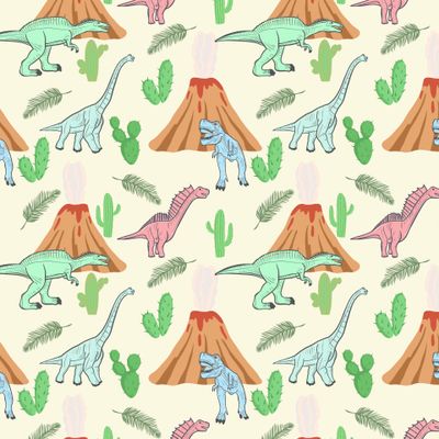 Паттерн с разными динозаврами на фоне вулканов.