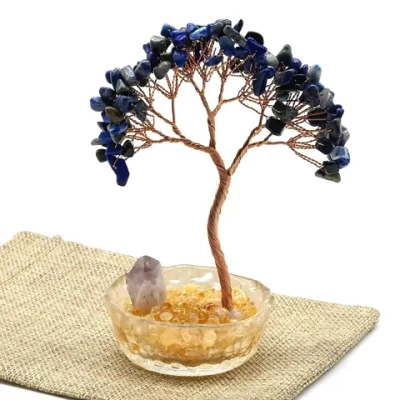 Дерево счастья из камня в горшочке с лазуритом и цитрином 85*85*115 мм.