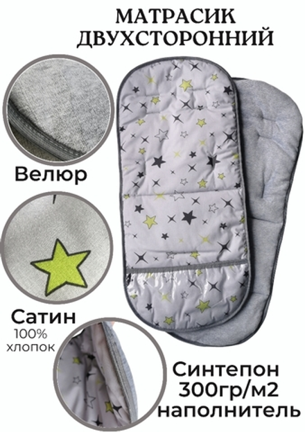 Матрасик в коляску с подножкой из ПВХ пленки серый звезды