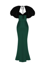 Платье макси из бархата и сатина с объемными рукавами и бахромой