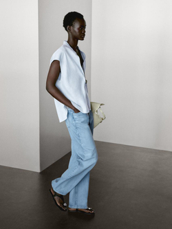 Massimo Dutti Блуза из 100% струящегося льна с открытой горловиной, синий