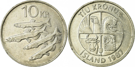 Исландия 10 крон, 1984 - 1994 Мойва XF