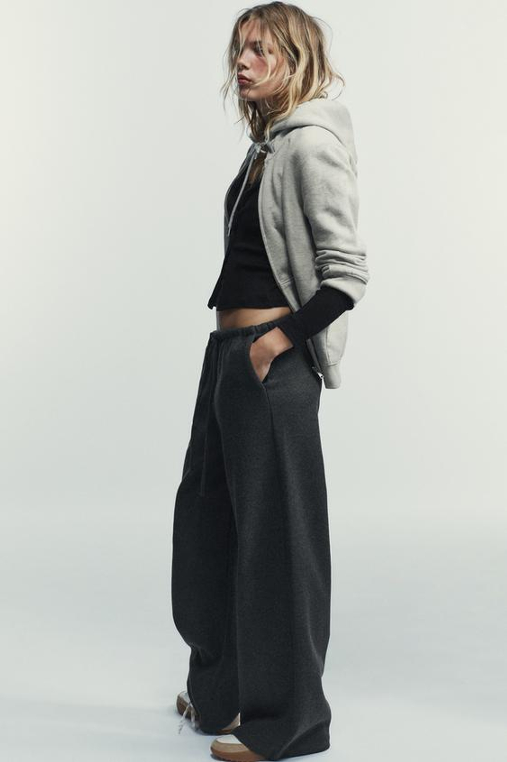 ZARA БРЮКИ ПАЛАЦЦО С ЗАВЯЗКАМИ, СЕРЫЙ МЕЛАНЖ