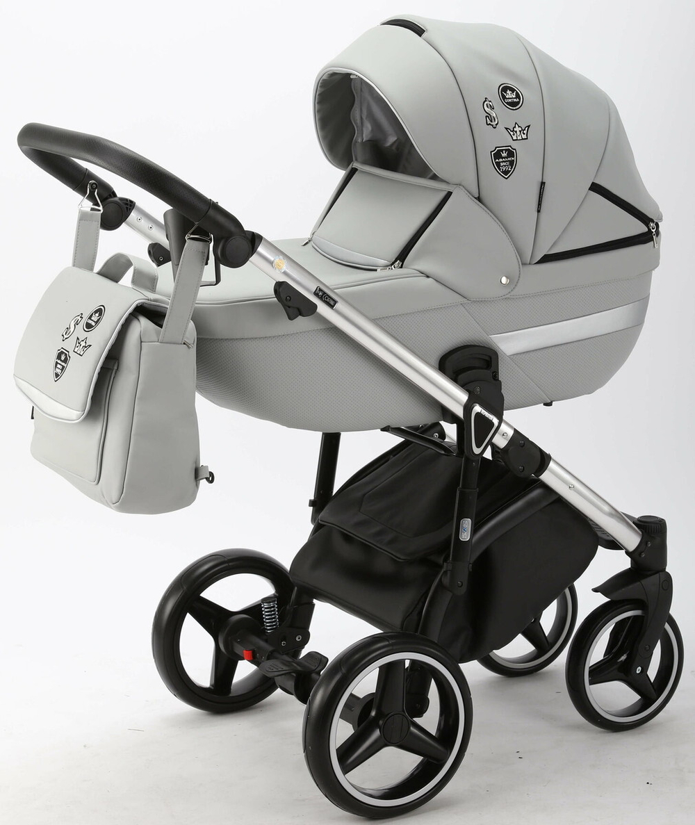 Детская коляска Adamex Cortina Deluxe 2 в 1 CT304 (СВ. СЕР.КОЖА+СЕРЕБ.ОТДЕЛКА+ ХРОМ РАМА)