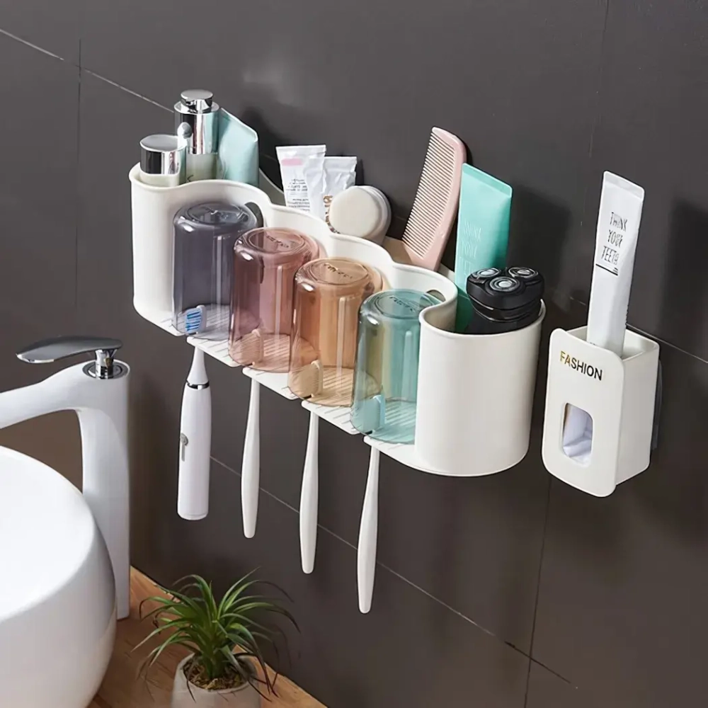 Подставка для умывальных принадлежностей «Универсальная» 4 стакана + дозатор для зубной пасты 6291-2