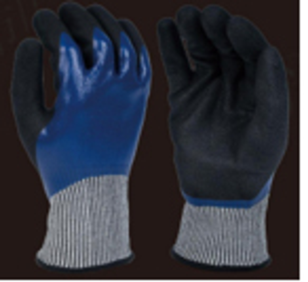 13G серая подкладка, полное синее нитриловое покрытие, покрытие ладони черным песчаным нитрилом