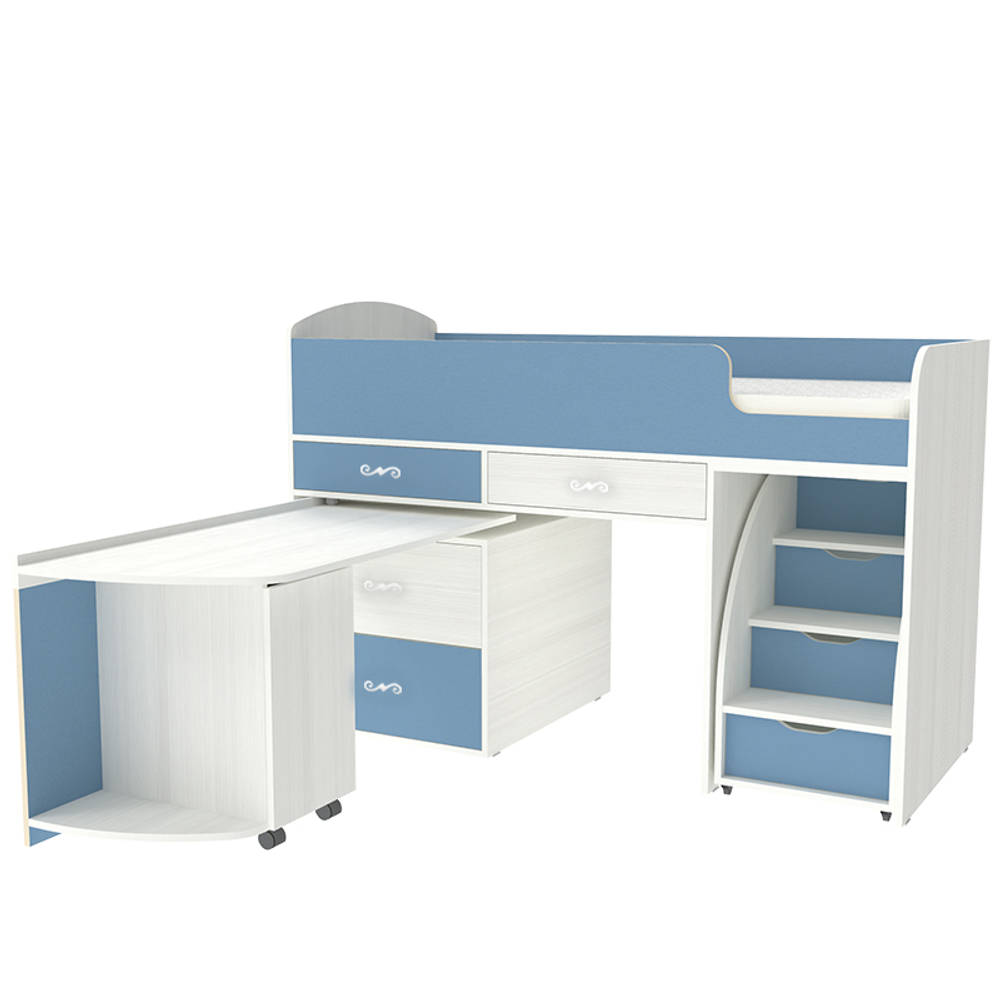 Кровать-чердак КарИВи Малыш 6 Белое Дерево Светло-синий, голубой