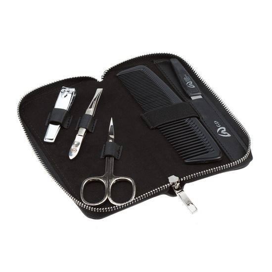 Маникюрный набор GD, 5 пр.(мужской дорожный набор). Инструменты: ножницы универсальные, книпсер, пилка металлическая 12,5 см, пинцет скошенный, расческа. Футляр: искусственная кожа, цвет черный, фактура - гладкая