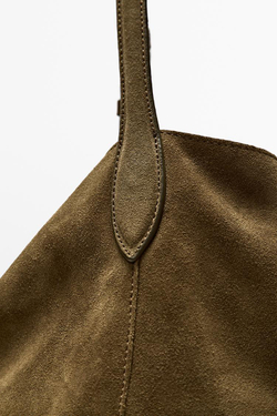 Massimo Dutti Сумка-ведро из состаренной замши, зеленый хаки
