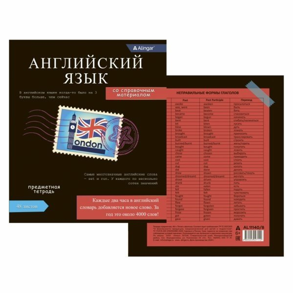 Тетрадь предметная "Английский язык" А5 48л., клетка, со справочным материалом, скрепка, мелованный картон(стандарт), блок офсет, Alingar Journal"