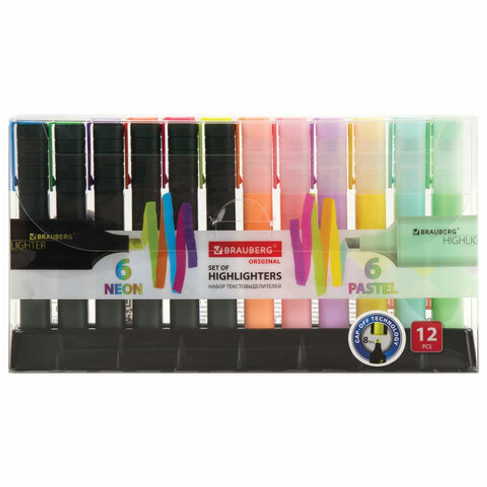 Набор текстовыделителей 12 ЦВЕТОВ, BRAUBERG "ORIGINAL", линия письма 1-5 мм, 151699