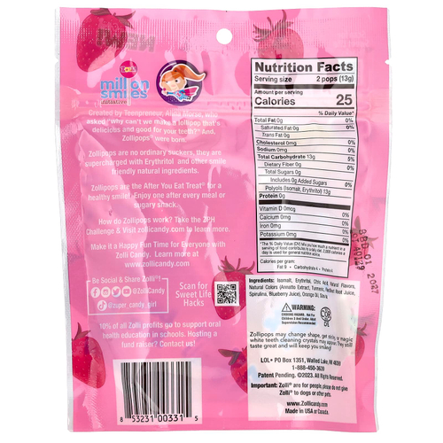 Zollipops, The Clean Teeth Pops, ZolliPops, леденцы с клубничным вкусом, 15 шт., 88 г (3,1 унции)
