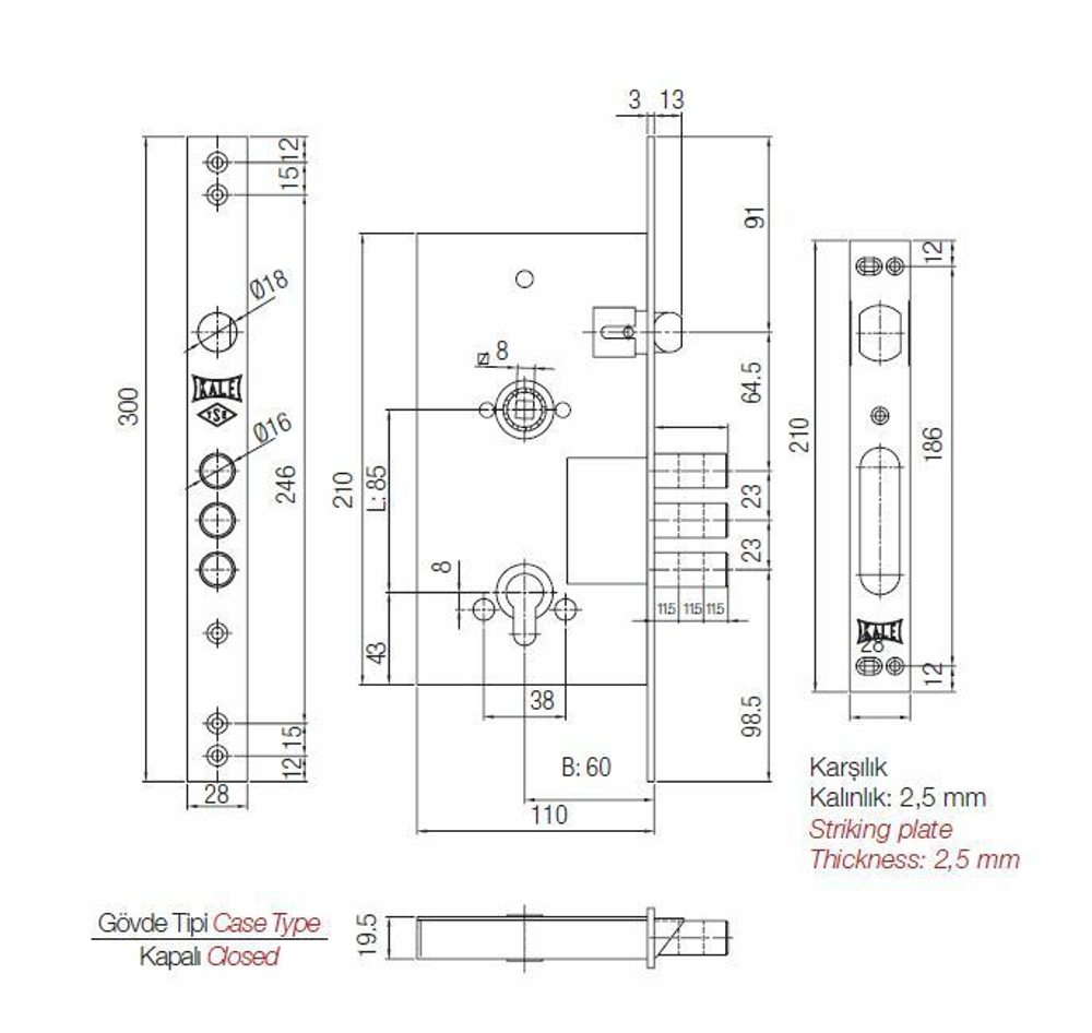 ЗАМОК БЕЗ ЦИЛИНДРА KALE 252/R Б/Ц 252R0000028