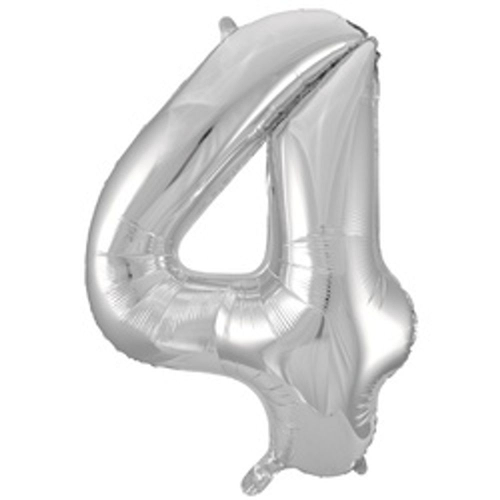 Шар (34''/86 см) Цифра, 4, Серебро, 1 шт. в уп.