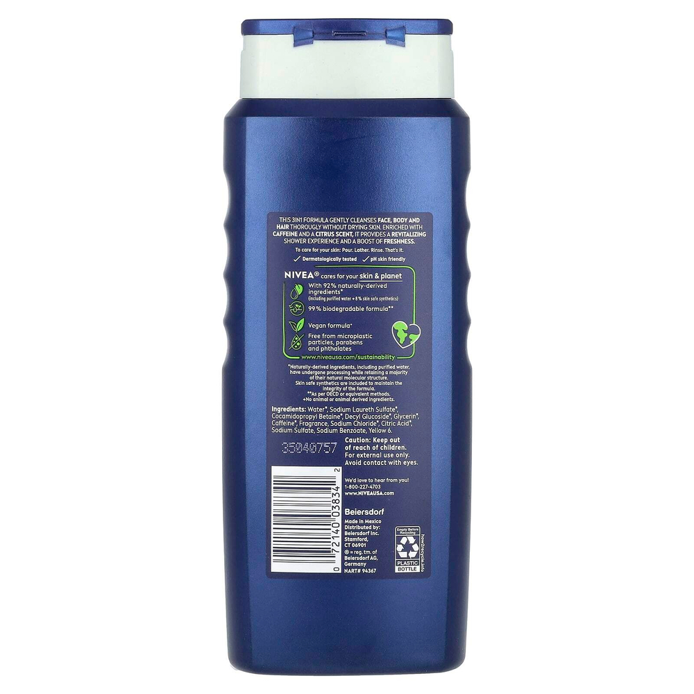 Nivea, Для мужчин, гель для душа 3 в 1, цитрусовый аромат и кофеин, 500 мл (16,9 жидк. унц.)