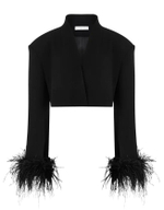Жакет укороченный с перьями на рукавах, черный
