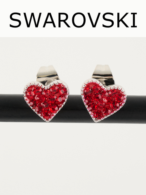 Серьги-сердечки Клевер с красными кристаллами Swarovski