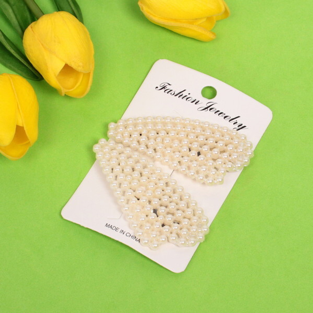 Зажимы для волос 2шт «New collection -Жемчужинки», сердце, цвет белый, 7,5*2,5см