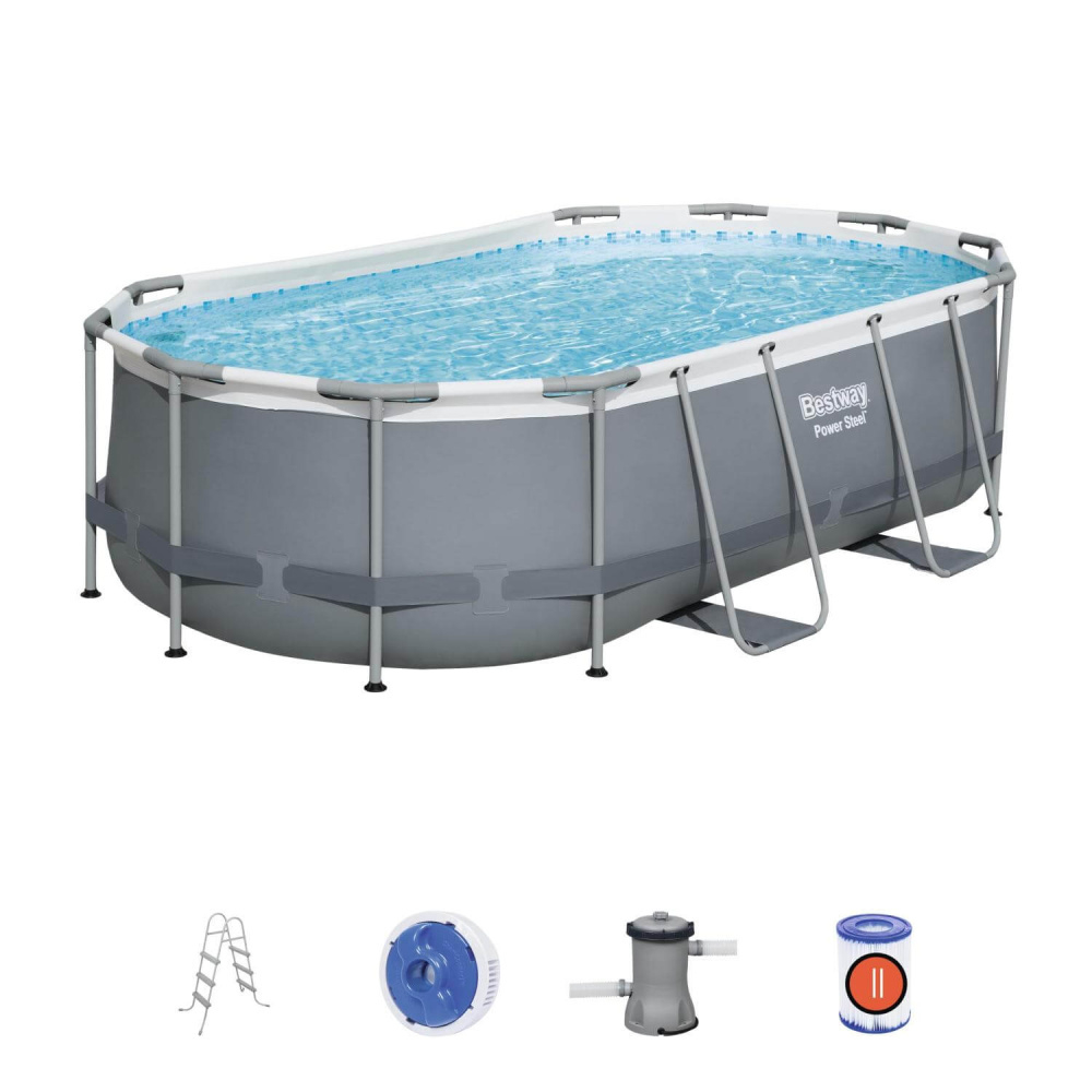 Каркасный овальный бассейн Bestway 424х250х100 см + фильтр-насос 2006 л/ч, лестница (56620 BW)