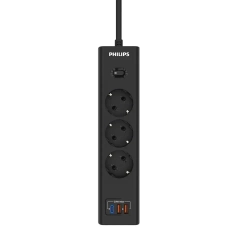 Сетевой фильтр удлинитель Philips CHP4336BA/51 с тремя стандартными розетками EU, 2 USB-A, Type-C, с заземлением и защитой от перегрузок, 2 м, черный