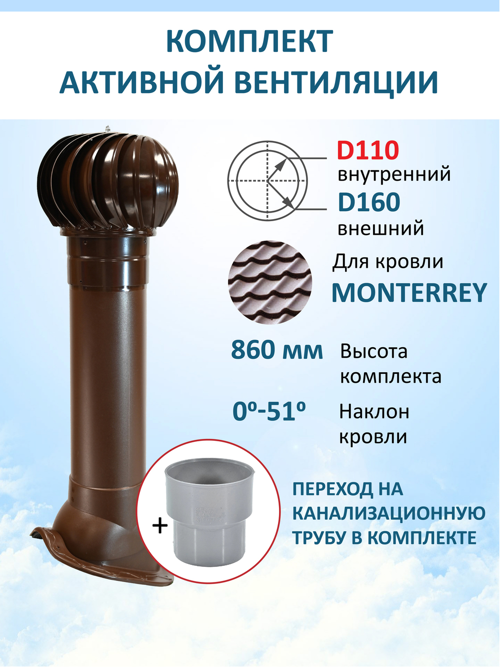 Комплект активной вентиляции: Вентиляционный выход D160 мм не утепленный высота H=700 мм,проходной элемент для металлочерепицы Monterrey, турбодефлектор Ø 160 мм, переход на канализационную трубу D110 с вентиляционного выхода 125/160 без уплотнения, коричневый