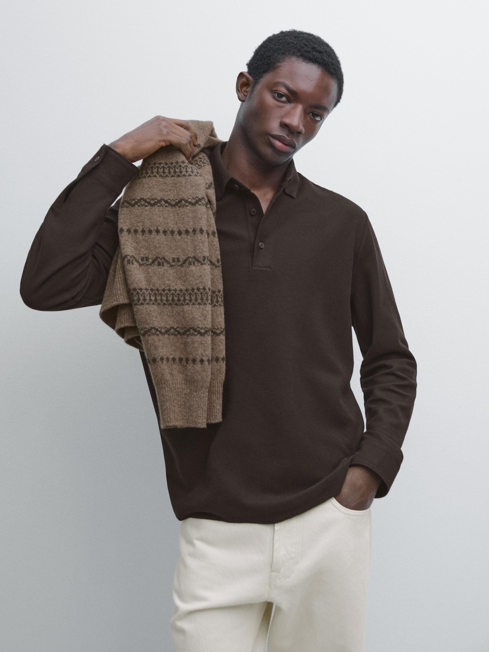 Massimo Dutti Поло из рельефной ткани пике с длинными рукавами, шоколадный