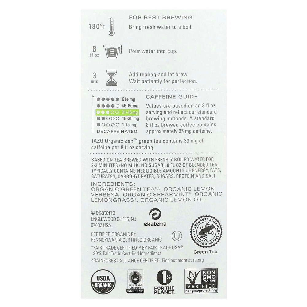 TAZO, Регенеративный зеленый чай, органический дзен, 16 чайных пакетиков, 34 г (1,2 унции)
