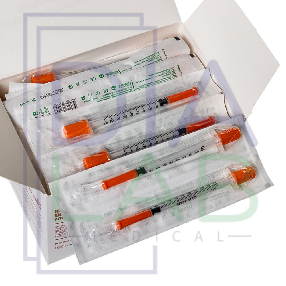 SITEKMED Шприц 1 мл инсулиновый одноразовый медицинский стерильный U-100 с иглой 29G 0,33x12мм, трехкомпонентный,10шт./уп.