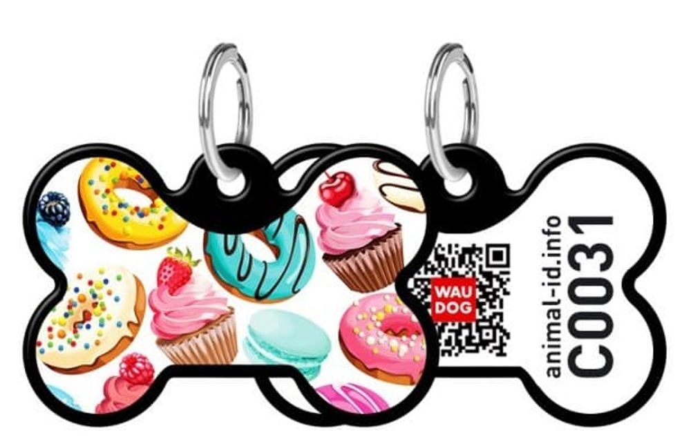 Адресник WAUDOG Smart ID с QR-паспортом, кость, с рисунком "Пончики", 31х21 мм, черный