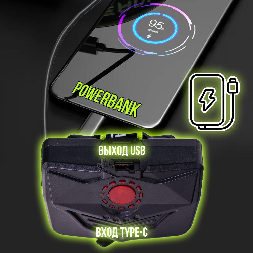 Фонарь налобный аккумуляторный/ Power bank/диод P100,СОВ/T37