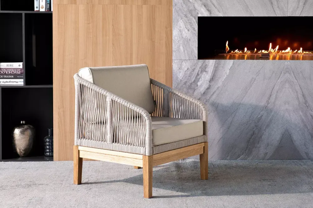 "Канны" кресло плетеное из роупа, основание дуб, роуп бежевый круглый, ткань бежевая 15052